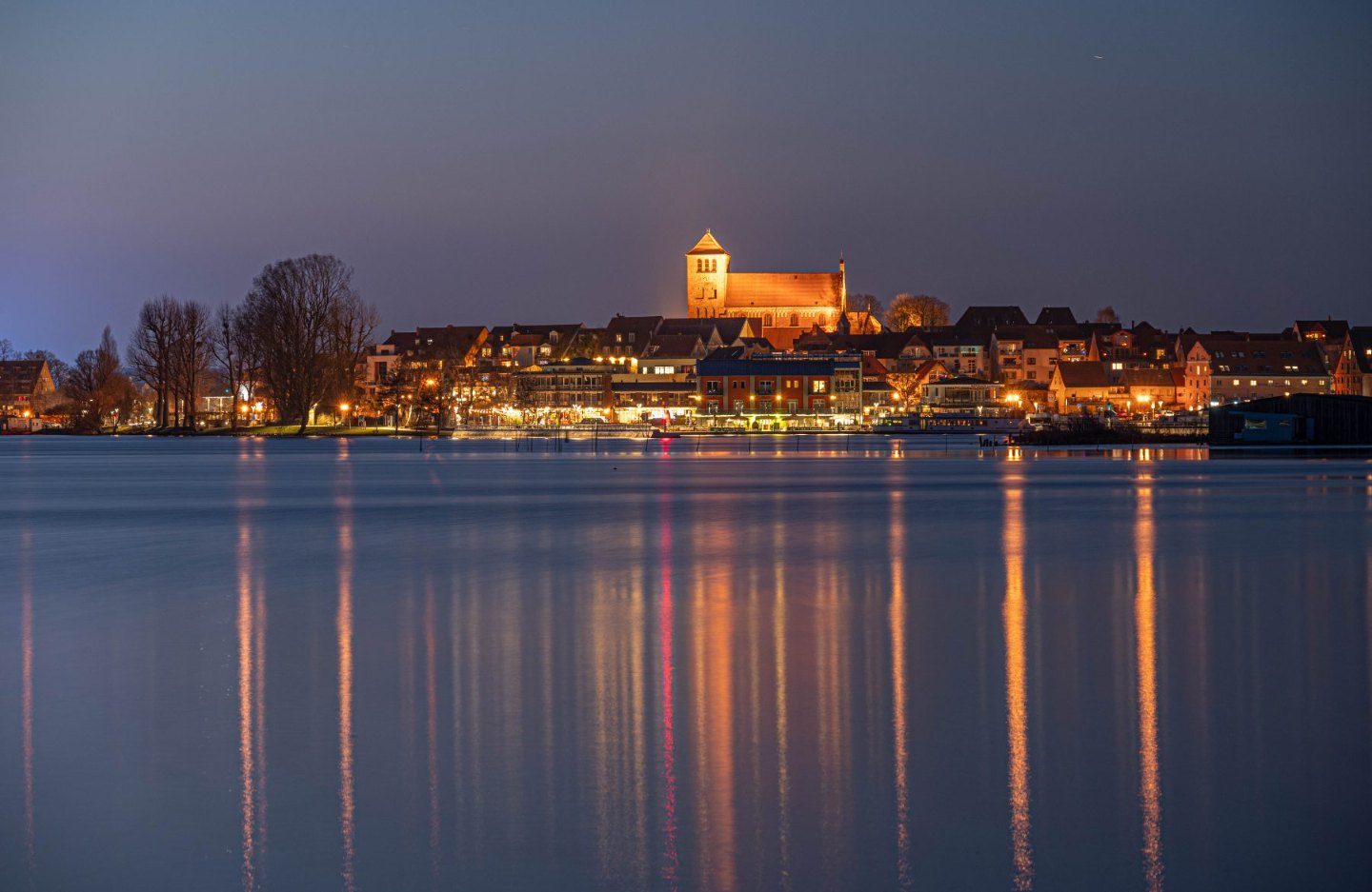 Town skyline at blue hour